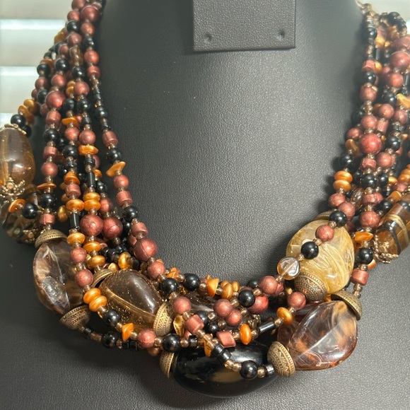 Chicos multi beaded bib, choker necklace, and brown, black brass colors - Picture 7 of 12